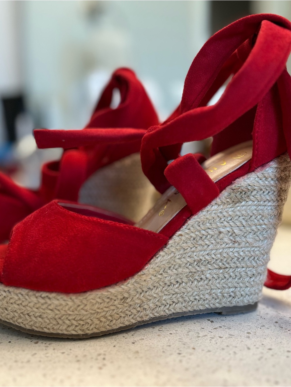 Red Suede Wedge Espadrille Sandals - Women